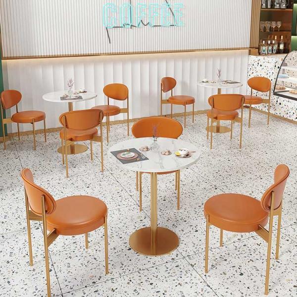 Gold Frame Restaurant Dining Room Furniture Leather Marble Table And Chairs