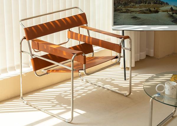 Minimalist Brown Leather Metal Chair 70cm Stainless Steel Frame