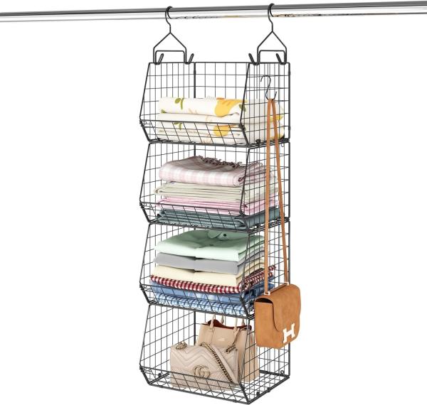 X-COSRACK 4 TIER FOLDABLE CLOSET ORGANIZER, CLOTHES SHELVES WITH 5 S HOOKS, WALL MOUNT&CABINET WIRE STORAGE BASKET BINS,