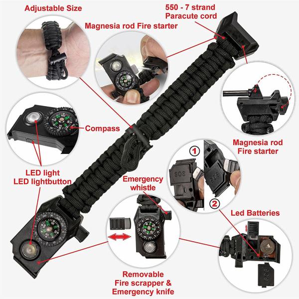 Outdoor LED light survival paracord bracelet multifunctional adjustable bracelet