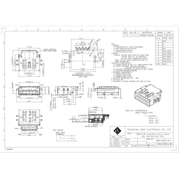 ODM 10G CH1mm Socket Mini USB Pin Socket 3.1 Type A PCB