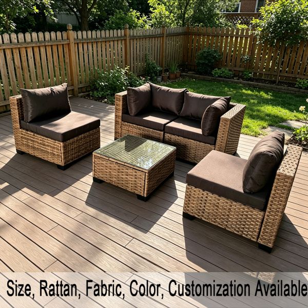 Wholesale Sectional Sofa Garden Corner Set Factory Hot Sale Customizable 5 Pieces Outdoor Rattan Sofa Brown