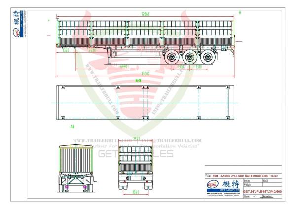                    2 Layers of Fence Wall 40FT Versatile and Reliable Drop Side Rail Wall Flatbed Semi-Trailer with BPW Axle 12t and Air Bag Spring Suspension             