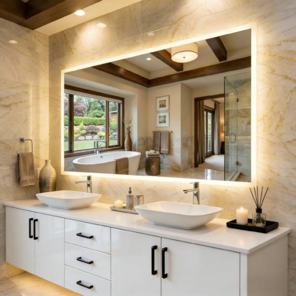 Kingstin LED Backlit Frameless Bathroom Mirror - Dimmable Illuminated Mirror for Modern Luxury Bathroom Tempered Glass
