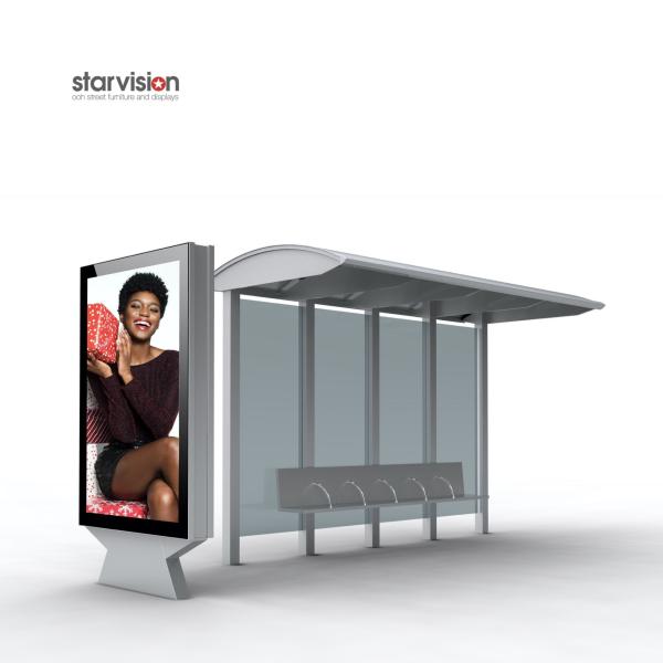 Aluminum Curved Roof 250W Solar Powered Bus Waiting Shed With Advertising Mupi