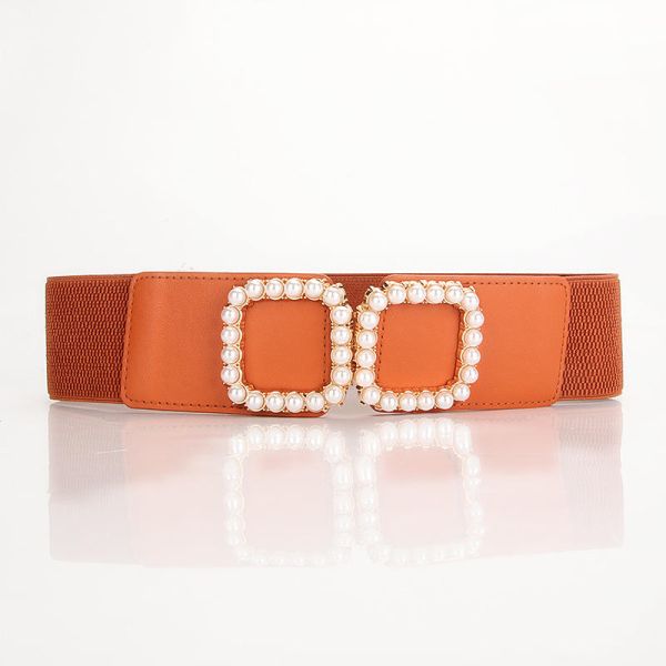 Ladies Style Fashionable Multi-Color Fashion Waist Belt Square Pearl Buckle Elastic Wide Belt