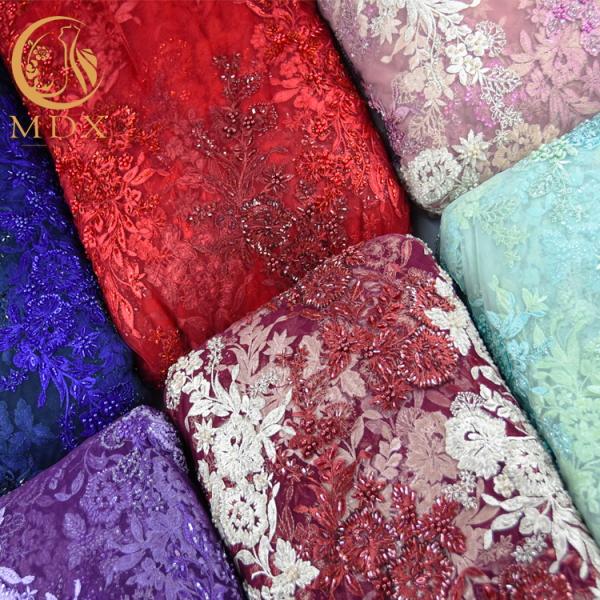 Royal Blue Beaded Lace Fabric 80% Nylon Water Soluble 140cm Width For Kids Dress