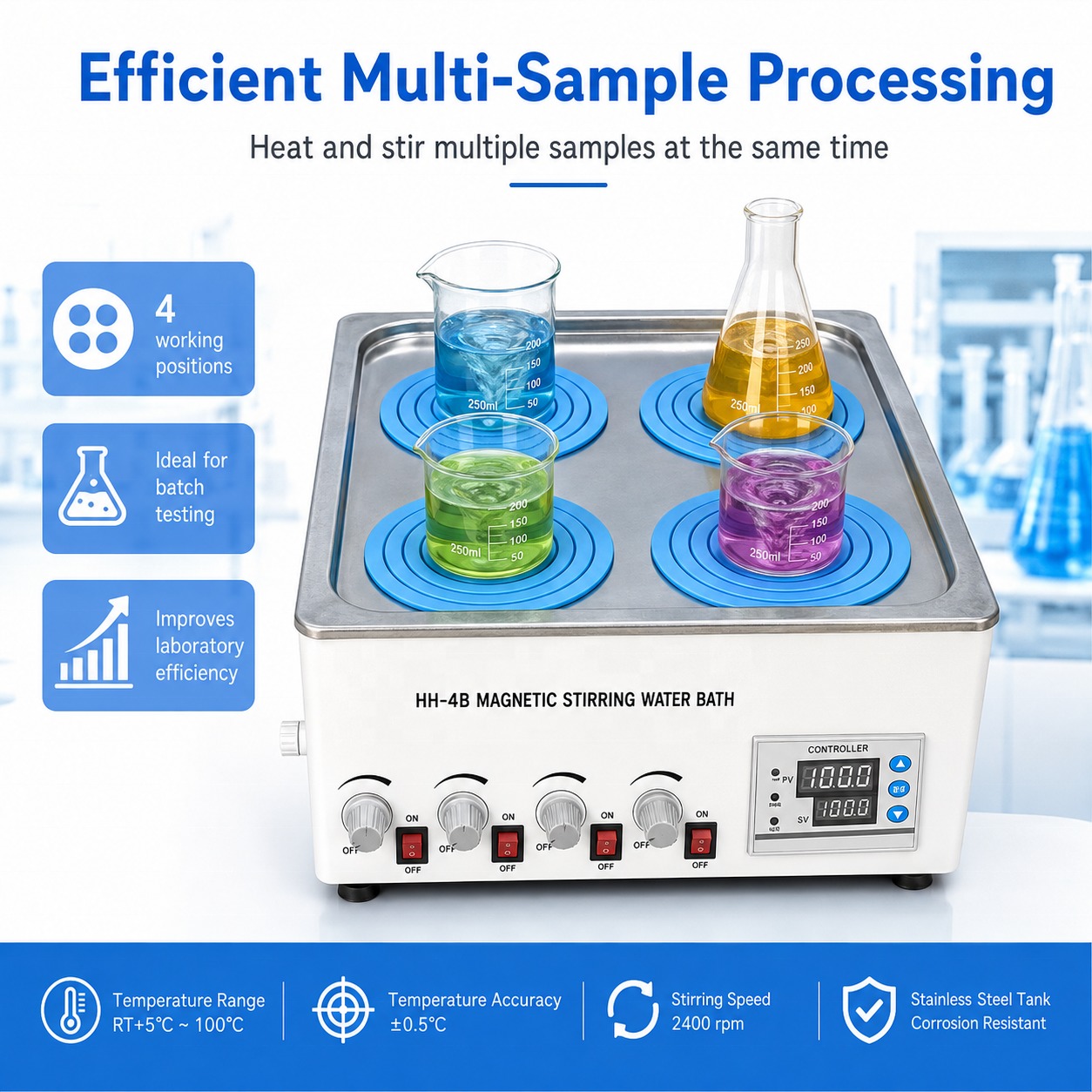 Cenlee Laboratory Constant Temperature Water Bath with 4 Independent Stirrers 800W Heating for Aquaculture Hygiene and Education