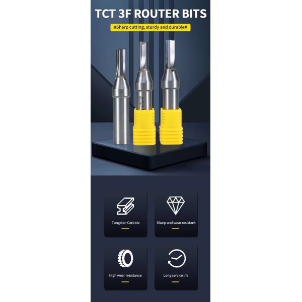 HardBar TCT 3 Flutes Straight Bits Wood Milling Cutter Solid Carbide HRC55/60 for MDF Plywood Chipboard CNC Machine