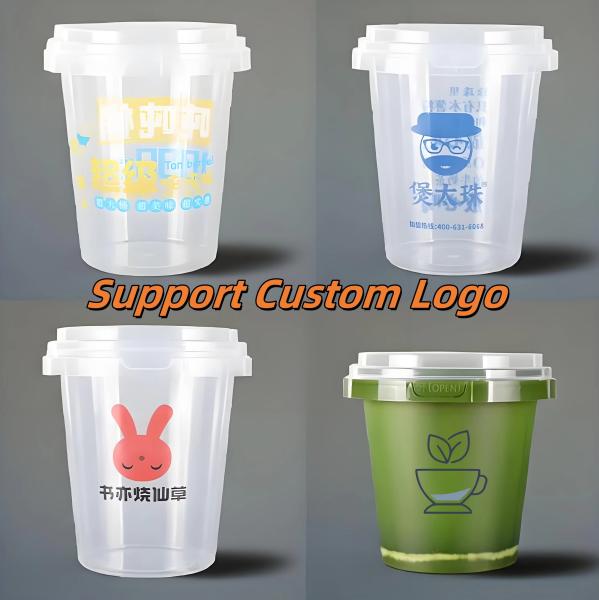 1000ml 32oz Disposable Cup Plastic Buckets with Lid and Handle for Fruit Beverage Packaging
