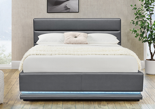 Grey Leather Storage Bed With LED On The Headboard