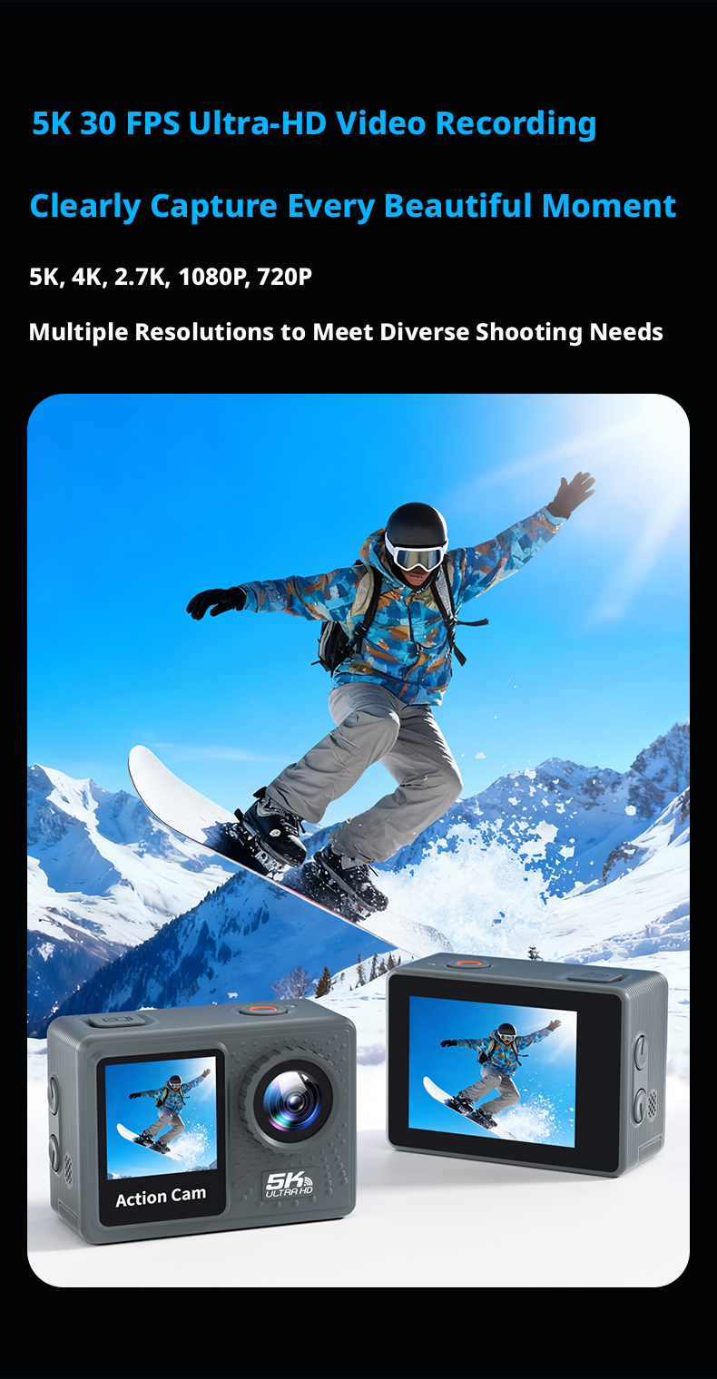5K Dual Screen Action Camera 30M Waterproof EIS Stabilization Sports Camera for Outdoor