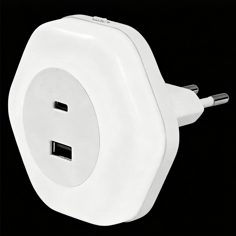 USB Charging Socket with LED Night Light, Modern square ABS Switch Sensor Control Plug-in Power Supply