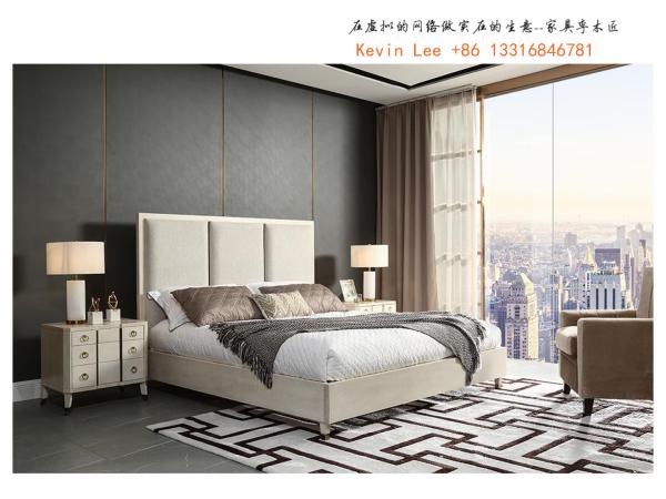 Light American style Bedroom furniture Leather headboard king size bed with Wood nightstand for Villa house interior