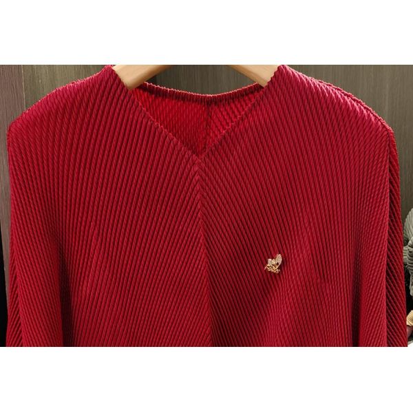 Women's Summer Dress Elegant Solid Color Loose Slimming Batwing Sleeve V-Neck Dragon Scale Pleated Casual