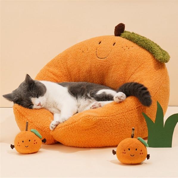 Cute Orange Short Plush Calming Dog Bed Anxiety Reducing Zoopollo