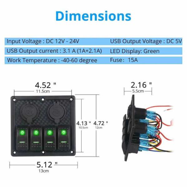 4 Gang Rocker Switch Panel 15W Dual USB 12V Power Outlet Waterproof