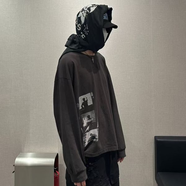 Wash Black Men's Women's Oversized Knitted Vintage Printed T-shirt 100% Cotton Long Sleeve Breathable Digital Print Retro Couple
