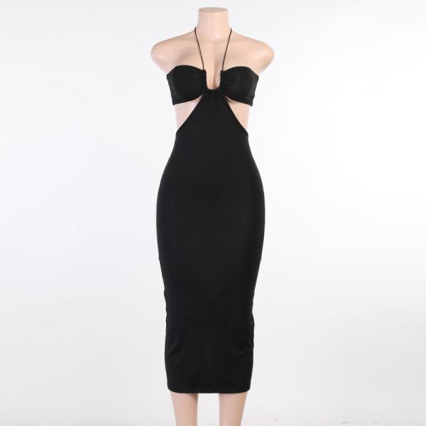 Halter Strap Backless Low Cut Sexy Summer Midi Dress Polyester 95% Spandex 5%