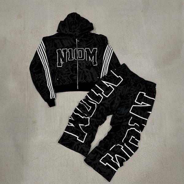Clothing Manufacturers Custom Full Print Letter Logo Zip up Hoodies Stacked Straight Bagyy Oversized Hoodie and Sweatpants Set