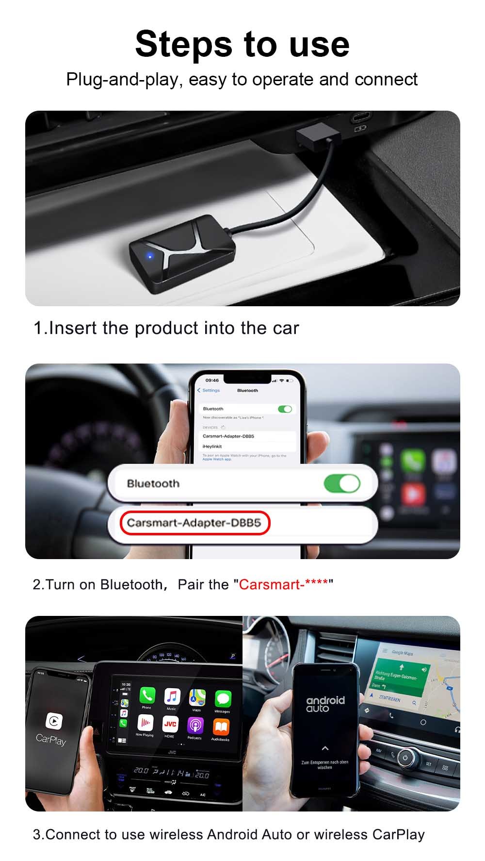 IHeylinkit Smart CarPlay Adapter Wireless USB Plug-in & Play Converts Wired Android Auto to Wireless