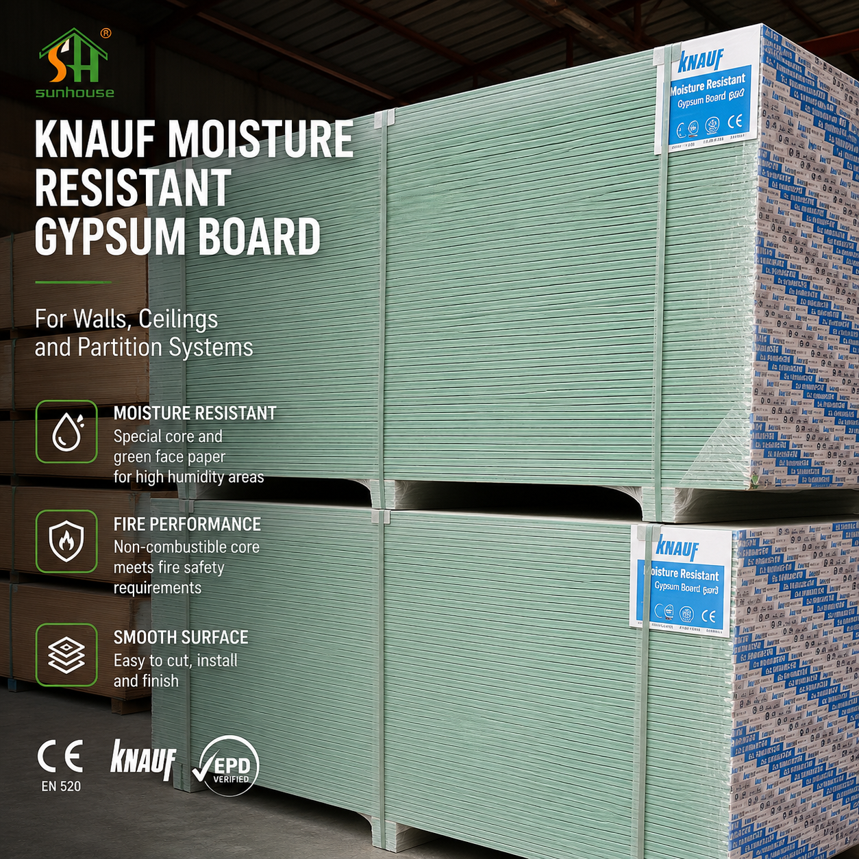 Moisture Resistant Gypsum Plasterboard Green Board Drywall Panel for Bathroom Kitchen Walls Ceilings and Humid Interiors