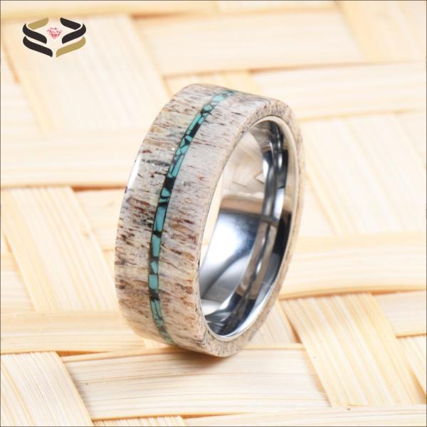 Men'S Wedding Tungsten Antler Ring 8mm With Turquoise Inlay Geometric Pattern