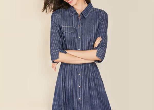 100% Cotton Belted Denim Dress Stripe Denim Button Through Long Skirt Indigo Color