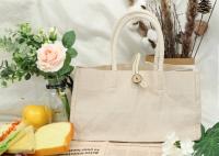 Saco de compras natural da juta personalizado com o punho e o botão de Weabing do algodão