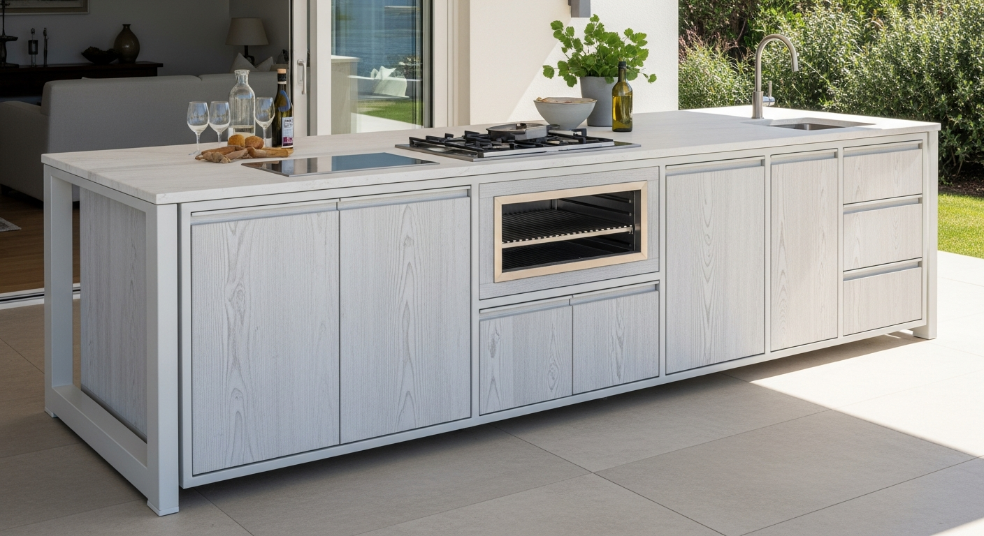 Coastal Light Linen Outdoor Kitchen Island in 304 Stainless Steel