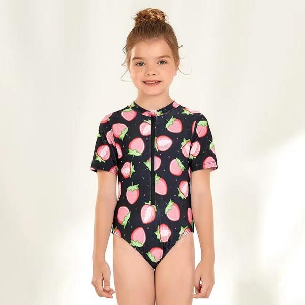 A morango imprimiu das crianças bonitos do zíper dos ternos de natação das meninas roupa de banho da parte um