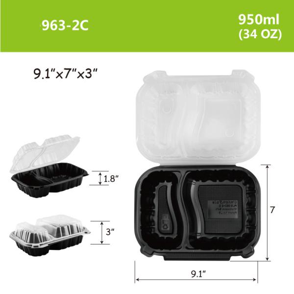 Transparent/ Black Transparent Disposable Food Box Microwave Safe Feature,PP Hinged Lid Clamshell Container,9.1”x7”x3”