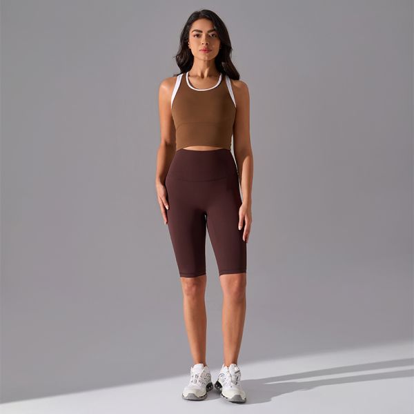 High Support Brown Racerback Sports Bra with White Trim Moisture Wicking