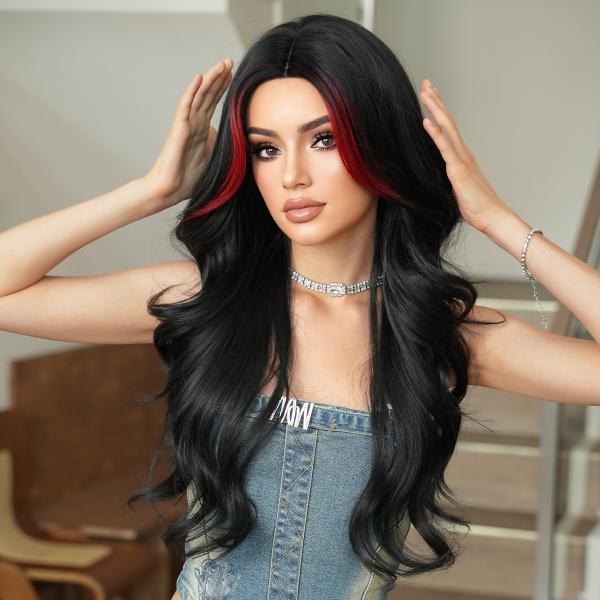 Fashion Long Body Wave Hair Black/Red Synthetic Wigs For Women