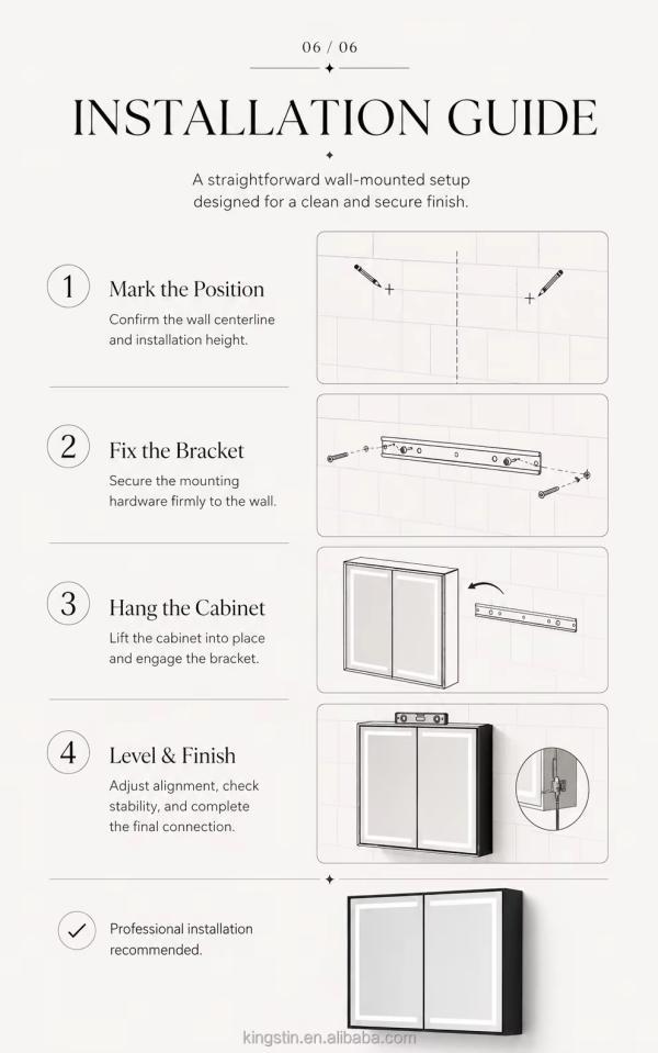 Kingstin Luxury Customizable LED Bathroom Mirror Cabinet with Anti-Fog Dimmable Light & Adjustable Storage Matte Black