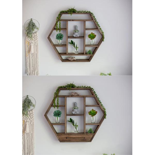 Home Decoration Solid Wood Hexagon Wall Mounted Floating Shelf Wooden Storage Shelves