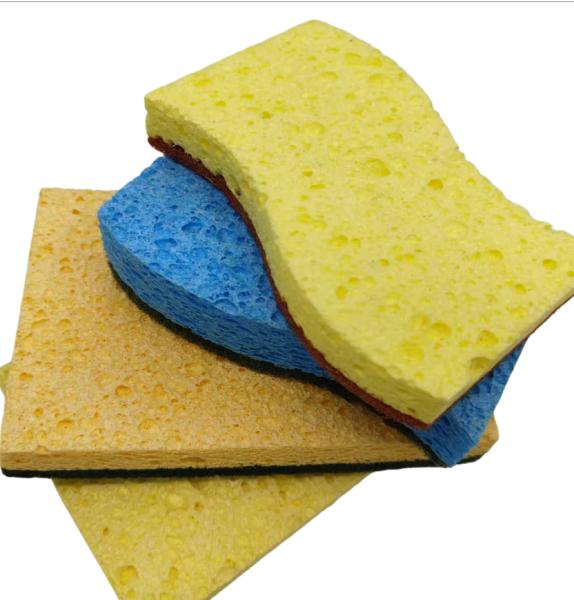 Biodegradable Wood Pulp Sponge Cloth Blue Yellow Compostable