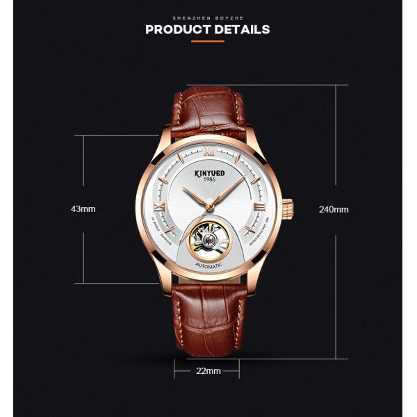 Gold Case Mens Mechanical Watches Hollow Out Dial Leather Band