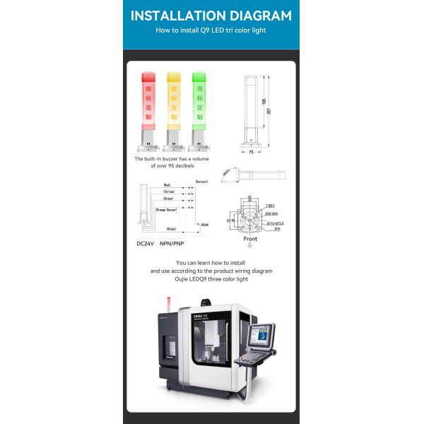 Feux de signalisation empilés à 3 couleurs pour machines-outils avec angle de faisceau de 360° et indice de rendu des couleurs de 80 Ra
