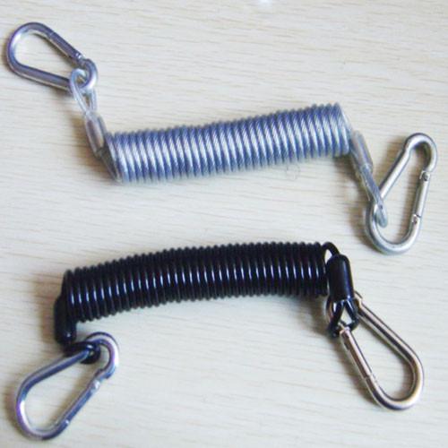 Bungee w/ carabiner on both ends transparent clear wire coil solid black retractable coil