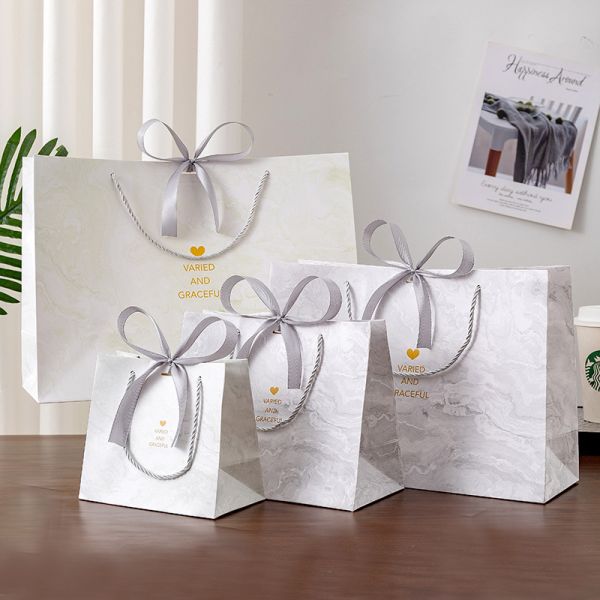 Marble Gift Bags Premium Ribbon Handled Packaging Instagram Aesthetic Luxury Tote Holiday Clothing Presentation Bags
