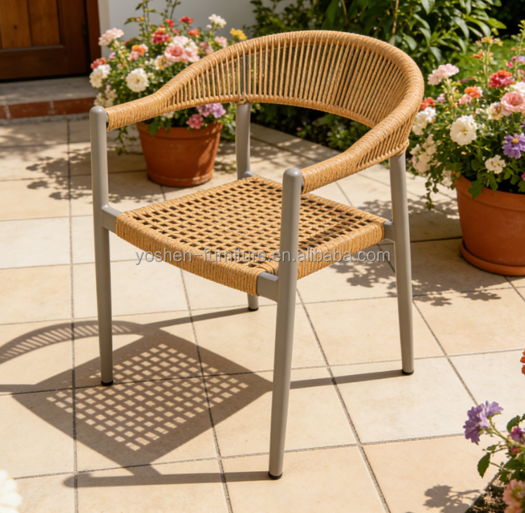 Beige Rope Woven Outdoor Dining Arm Chair with Grey Frame for Coastal Patio Garden