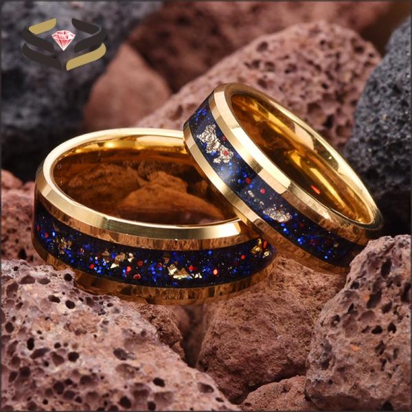 Men'S Tungsten Wedding Band Ring Gold Foil Inlayed With 8mm Galaxy Sandstone Opal