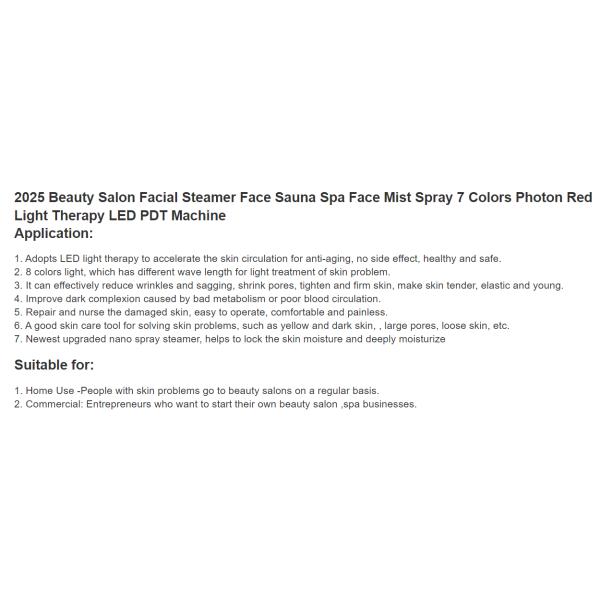 2025 Beauty Salon Facial Steamer Face Sauna SPA Face Mist Spray 7 Colors Photon Red Light Therapy LED PDT Machine