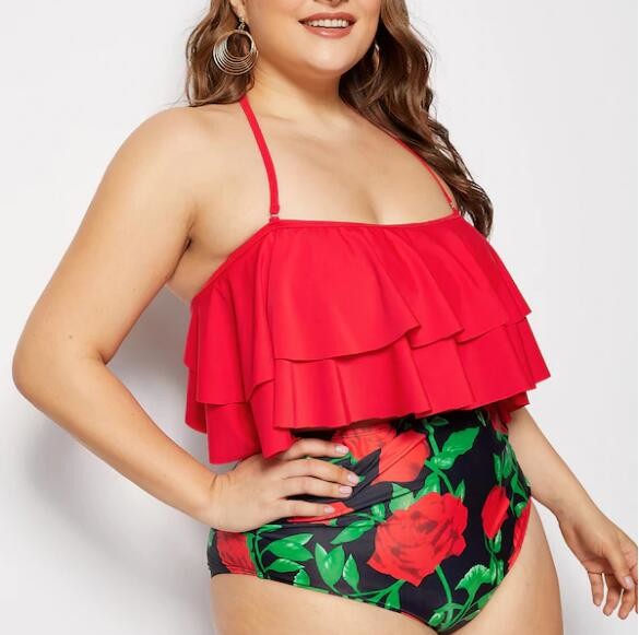 Big Size Wrap Halter Top With Floral print Bikini Set Swimwear Women size 3XL