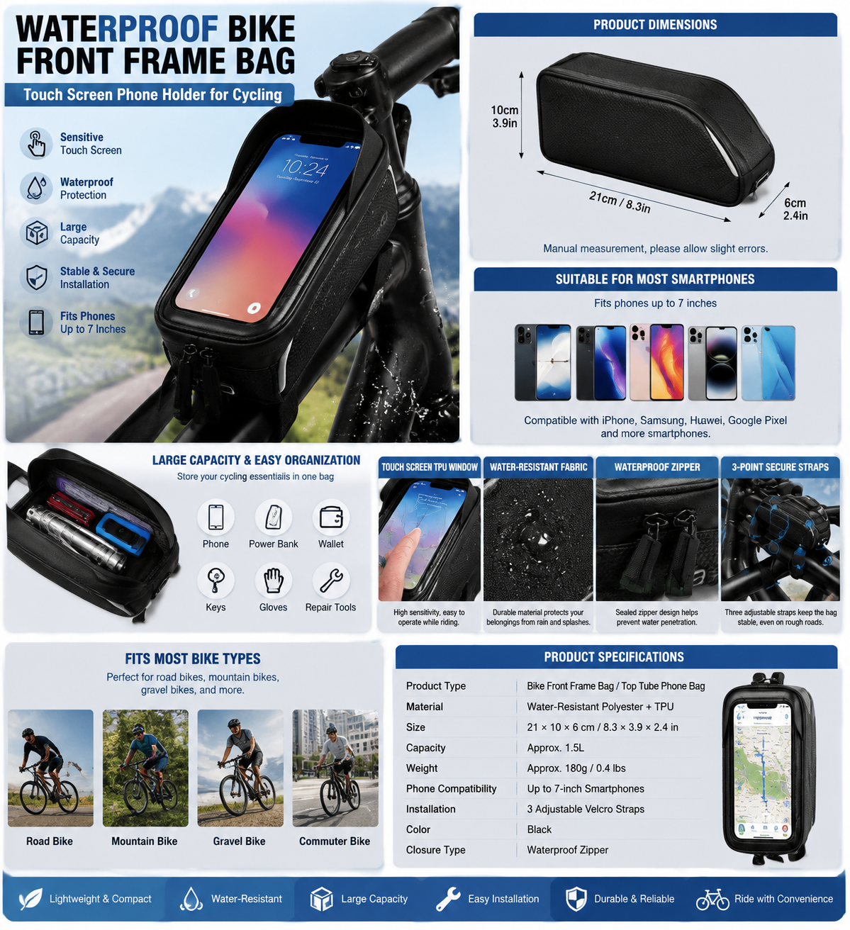 Waterproof Bike Phone Front Frame Bag with Touch Screen Phone Holder, Bicycle Cycling Storage Pouch for Road Bike & Mountain Bike Accessories