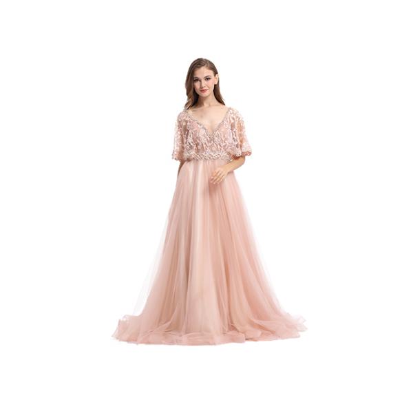 Flexible Sleeve Illusion Half Sleeve Evening Dresses V Neck Tulle Backless