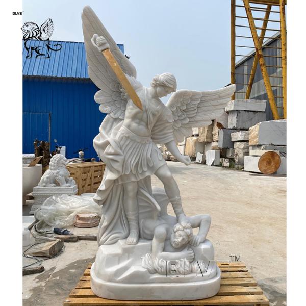 White Marble Saint St Michael The Archangel Statue Life Size Religious Angel Garden Stone Sculptures