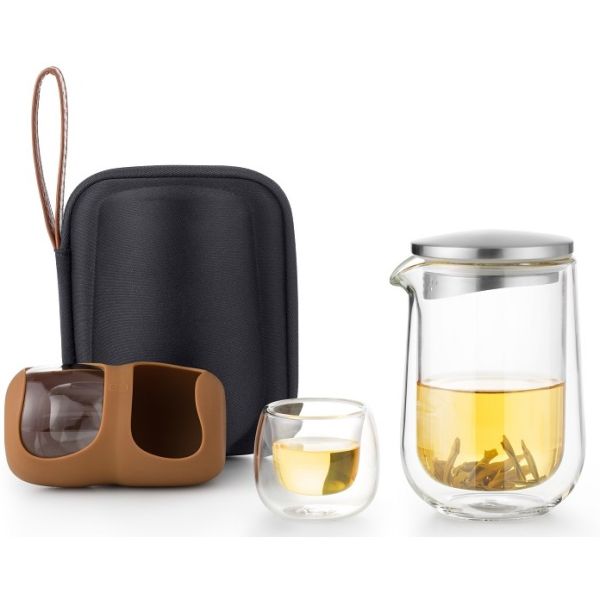 New Arrival Teapot Set Glass Double Walled Tea Cup Portable Borosilicate Glass Teapot Traveling Transparent Teapot Set with Case