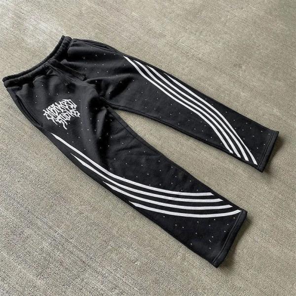 Lave-pierre à l'acide à l'aide d'un revêtement personnalisé Rhinestone Acide Stones Lave-pierre à bande déchirée Trace vintage brodée Sweat Pant Acide Lavé Mens Sweat Baggy